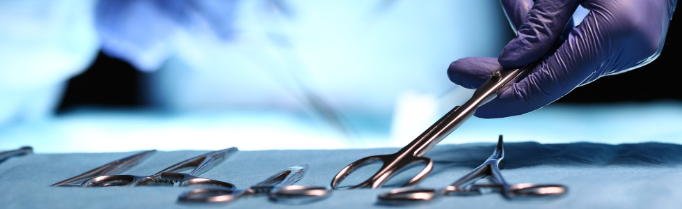 Veterinärdiagnostik-Instrumente liegen auf einem OP-Tisch, eine Schere wird mit einer Hand im Handschuh gegriffen