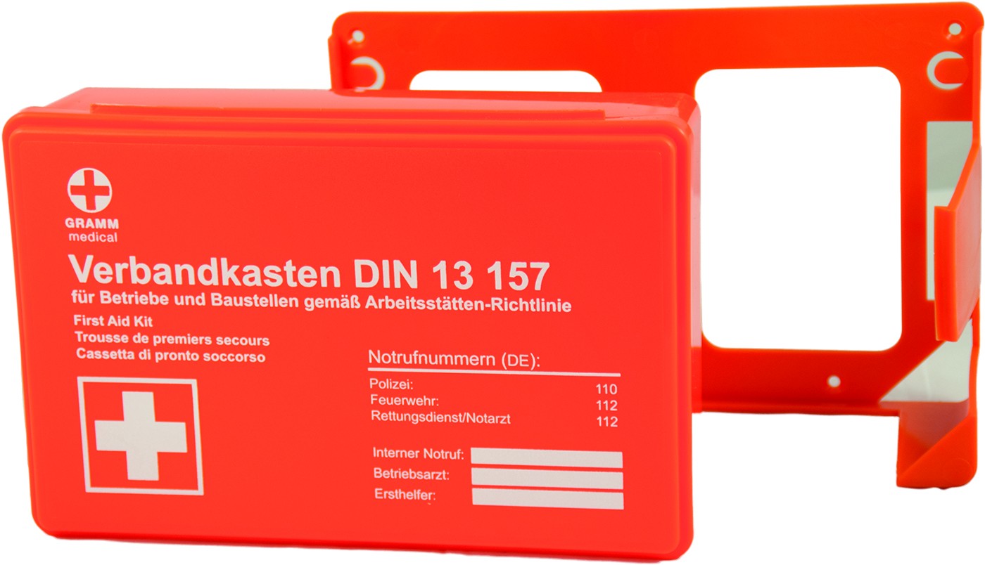Verbandkasten Betriebsverbandkasten DIN 13157:2021-11 Orange mit Wandhalterung