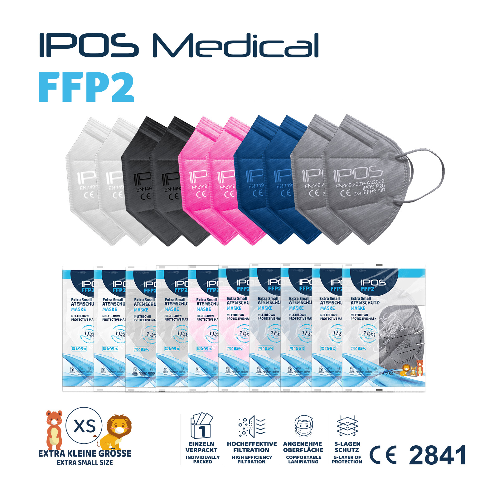 FFP2 Maske extra small XS Kindermaske verschiedene Farben 10 Stück IPOS Atemschutzmaske