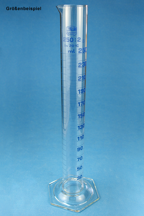 Messzylinder, Sechskantfuß 100 ml hohe Form, blau graduiert