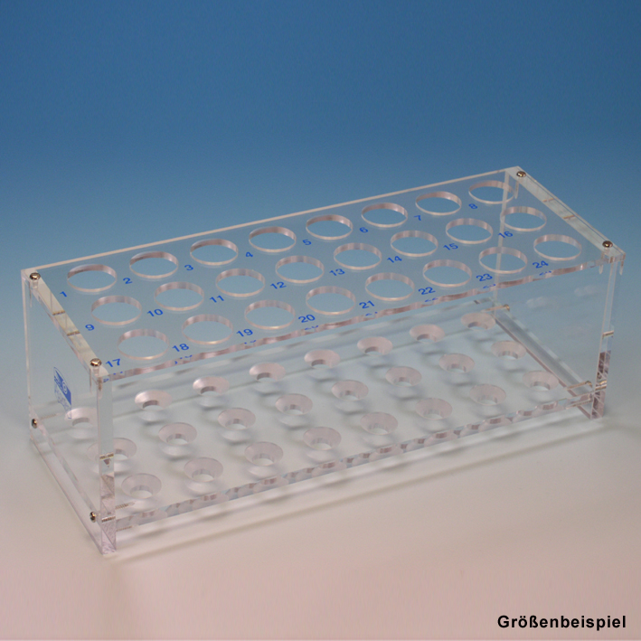 Reagenzglasgestell aus Plexiglas für 24 Gläser bis 18 mm Ø, ohne Stäbe