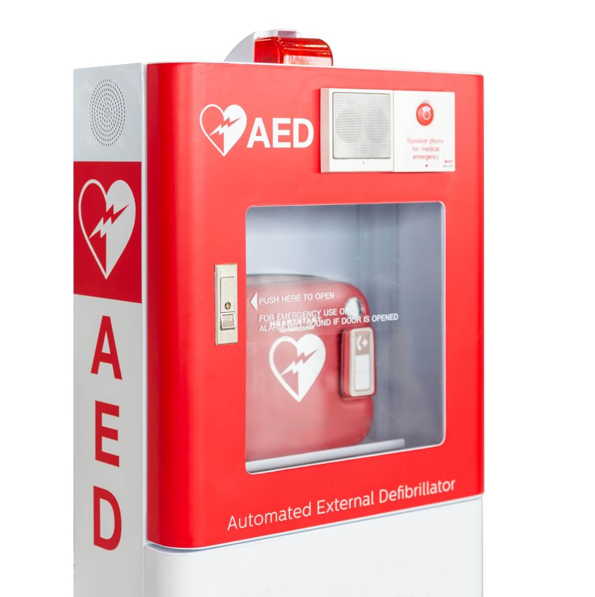Ein rotes AED Gerät symbolisiert die Wichtigkeit eines AED Trainers