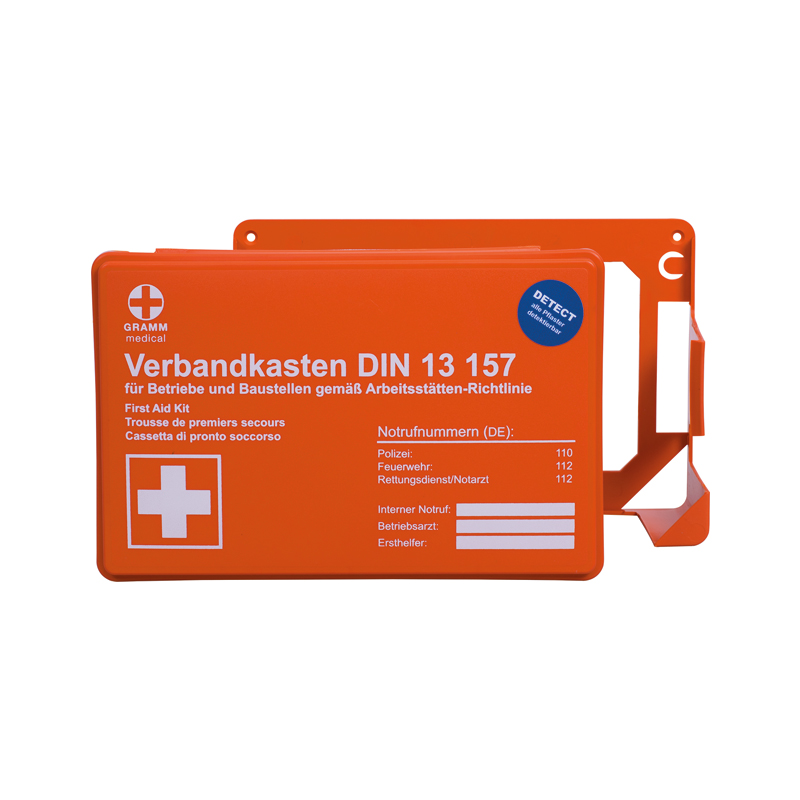 Betriebsverbandkasten MINI detect DIN 13157:2021-11 Orange mit Wandhalterung