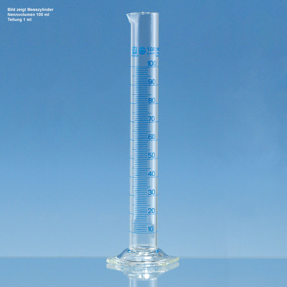 Messzylinder, hohe Form, BLAUBRAND, Klasse A, Boro 3.3, 100 ml : 1 ml
