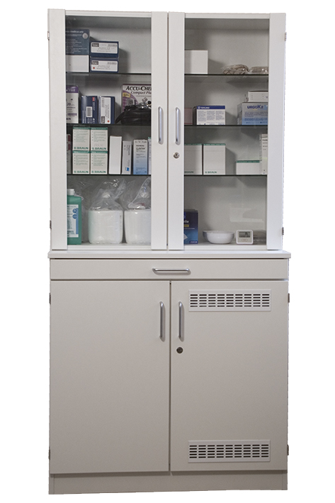 Medikamenten- und Verbandmittelschrank weiß mit Glastüren und Kühlschrank