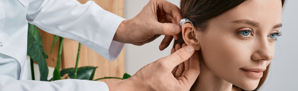 Einer Hörgeräteträgerin wird von einem Arzt ein Hörgerät an ihrem Ohr befestigt