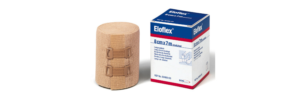 Eine Eloflex Stütz- und Entlastungsbinde mit den Maßen von 7 m x 12 cm sowie deren Verpackung rechts daneben, die Sie als eine Variante von Kompressionsbinden kaufen können
