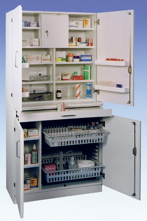Medikamenten- und Verbandmittelschrank weiß mit Holztüren