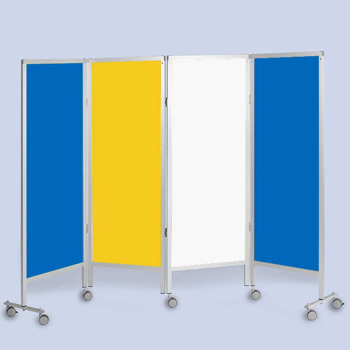 Wandschirm 4-flügelig, fahrbar, Farbe: blau/gelb/weiß/blau